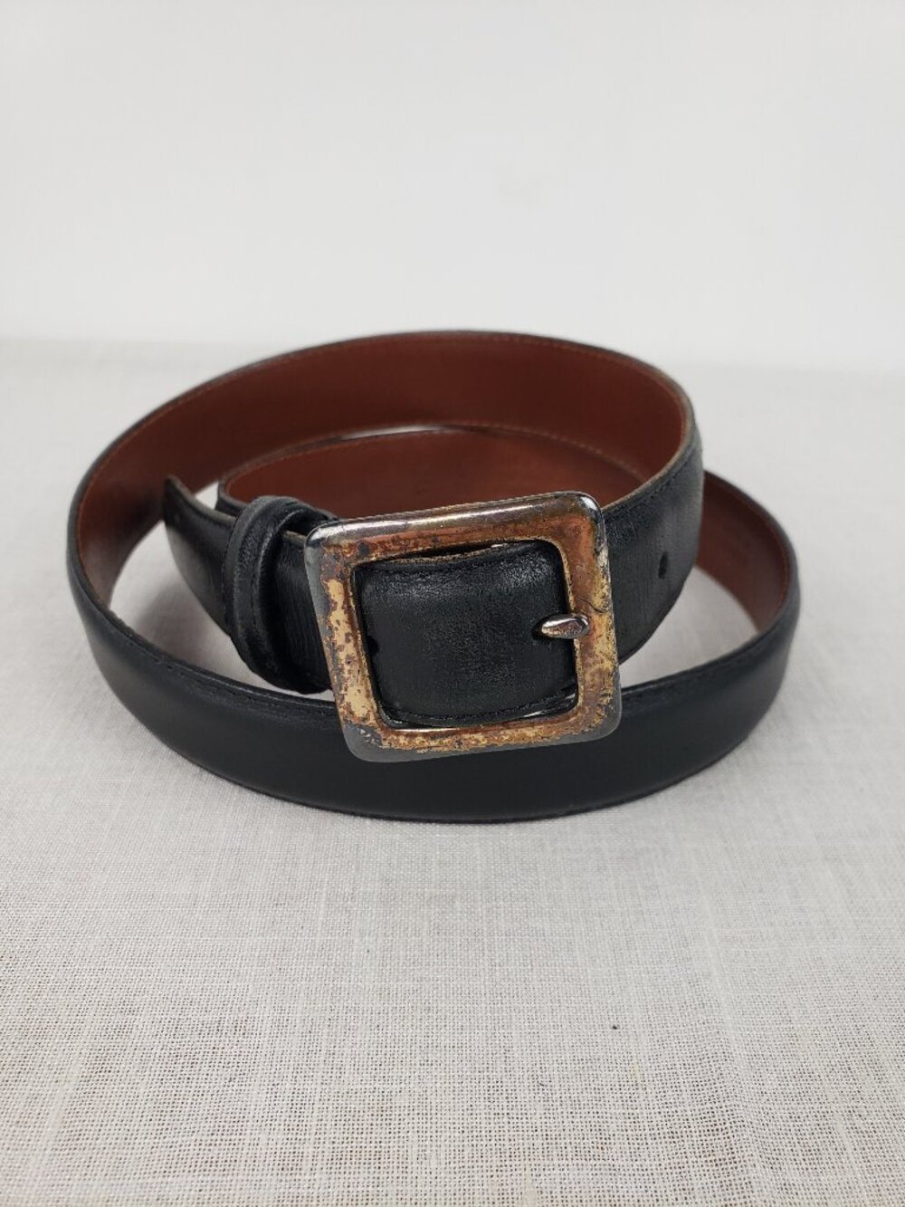 Coach 3924 Black Leather Square Buckle Belt Tarnished Silver Tone Womens Medium